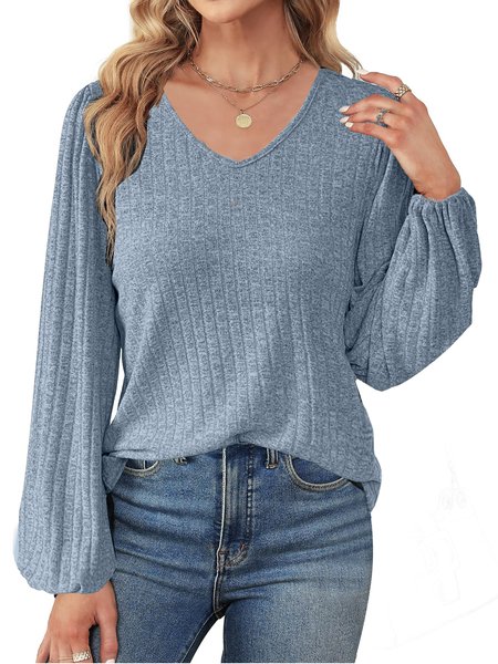 Women's Long Sleeve Shirt Spring Fall Gray Plain V Neck Daily Going Out Casual Top