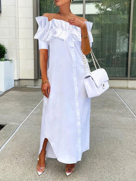 

Elegant Pocket Stitching Plain Loosen Shirt Dress, White, Maxi Dresses