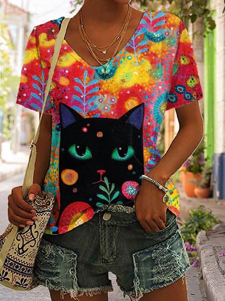 

Casual Cat V Neck Short Sleeve T-shirt, Multicolor, T-shirts