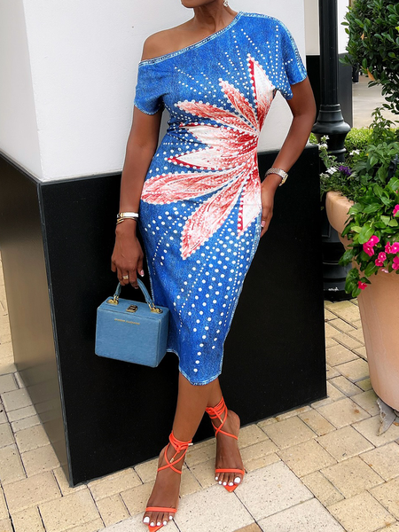 

Floral Elegant Tight Asymmetrical Neck Midi Dress, Blue, Midi Dresses