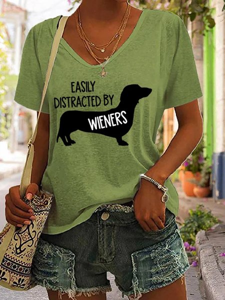 

Casual Dog V Neck Short Sleeve T-shirt, Green, T-shirts
