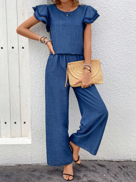 

Women's Short Sleeve Plain Daily Going Out Two-Piece Set Blue Simple Summer Ruffle Sleeve Top With Pants Matching Set, Suit Set