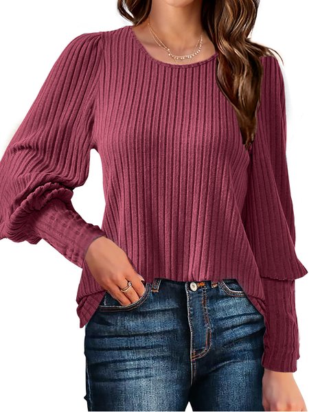 

Women's Long Sleeve Shirt Spring/Fall Wine Red Plain Crew Neck Daily Going Out Casual Top, Shirts & Blouses
