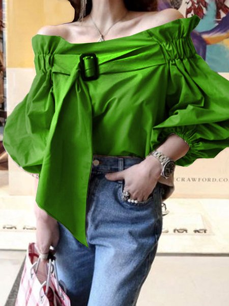 

Loose Urban Balloon Sleeve Cold Shoulder Shirt, Green, Blouses and Shirts