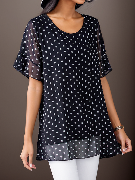 

Women's Short Sleeve Blouse Summer Black Polka Dots Chiffon Crew Neck Daily Going Out Casual Tunic Top, Shirts & Blouses