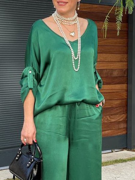 

Loose Elegant V Neck Plain Shirt, Green, Blouses and Shirts