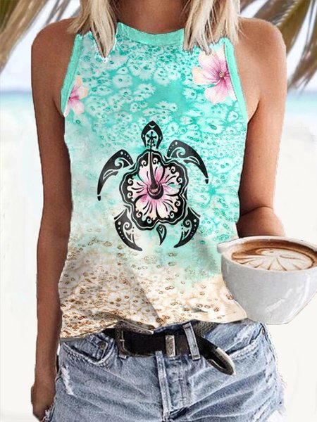 

Casual Crew Neck Ocean Pattern Tank Top, Blue, Tanks & Camis
