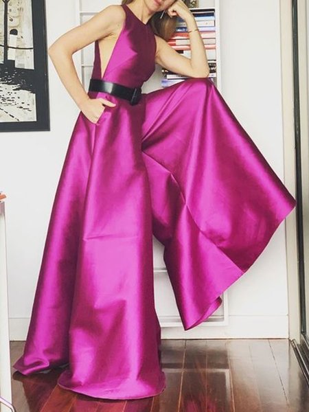 

Urban Crew Neck Loose Plain Jumpsuit, Purple, Jumpsuits