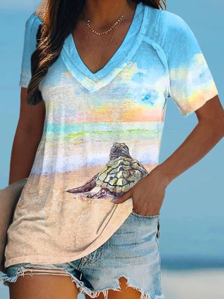 

Casual Sea V Neck Short Sleeve T-shirt, Multicolor, T-shirts