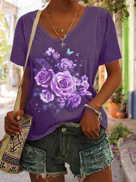 

Casual Floral V Neck Short Sleeve T-shirt, Purple, T-shirts