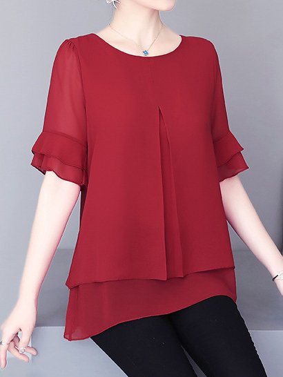 

Women's Half Sleeve Blouse Summer Orange Plain Chiffon Crew Neck Ruffle Sleeve Daily Going Out Casual Tunic Top, Wine red, Shirts & Blouses
