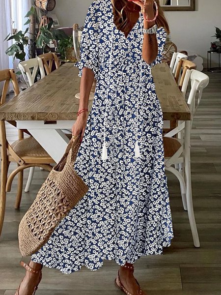

Women Ditsy Floral V Neck Half Sleeve Comfy Casual Maxi Dress, Blue, Dresses