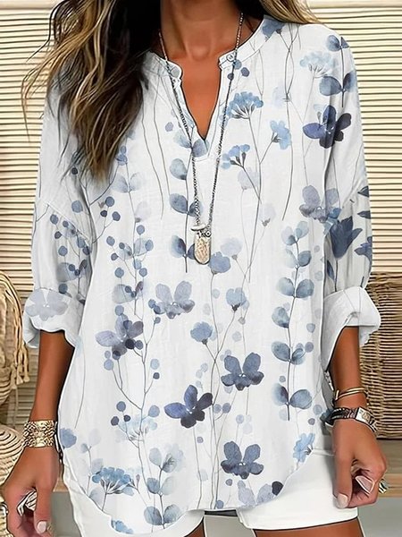 

Notched Long Sleeve Floral Regular Loose Shirt For Women, White, Blouses