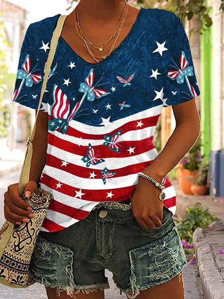 

Casual Butterfly V Neck Short Sleeve T-shirt, Multicolor, T-shirts