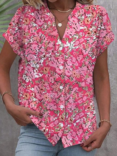 

Notched Short Sleeve Ditsy Floral Regular Loose Blouse For Women, Red, Blouses