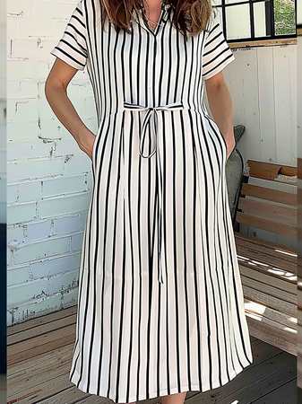 

Striped Casual Loose Dress With No, Black-white, Maxi Dresses
