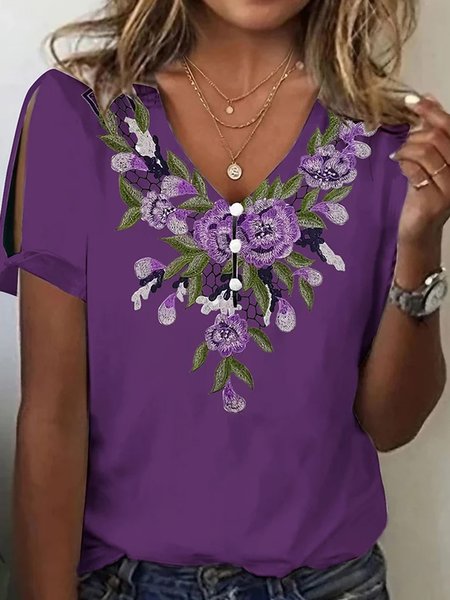 

V Neck Short Sleeve Floral Regular Micro-Elasticity Loose Shirt For Women, Purple, Dresses