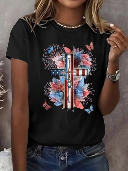 

Casual Floral Crew Neck Short Sleeve T-shirt, Black, T-shirts
