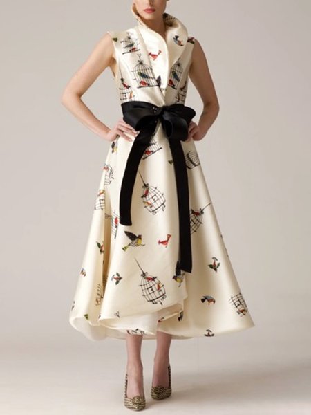 

Random Print Urban Regular Fit Midi Dress With Belt, As picture, Midi Dresses