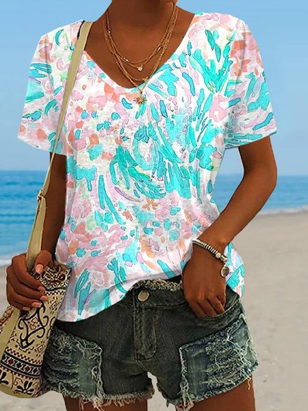 

Casual Color Block V Neck Short Sleeve T-shirt, Multicolor, T-shirts