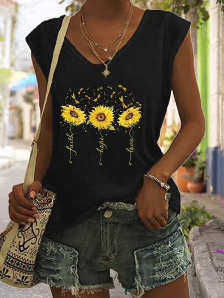 

Casual V Neck Floral Tank Top, Black, Tanks & Camis