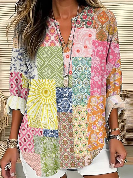 

Notched Long Sleeve Disty Floral Regular Loose Shirt For Women, Multicolor, Blouses