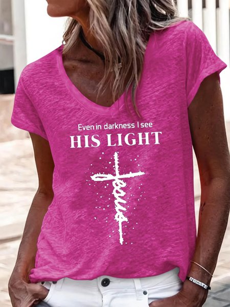 Casual Letter Pattern V Neck Short Sleeve T-shirt, Rose red, T-shirts