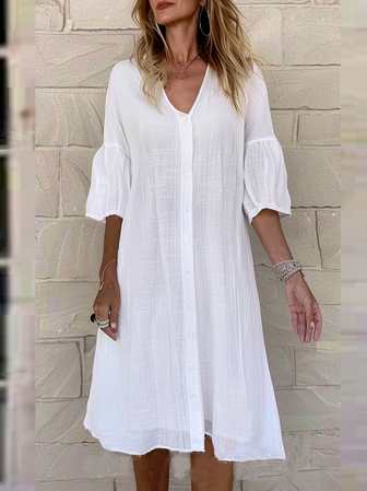 

V Neck Plain Vacation Loose Dress With No, White, Maxi Dresses