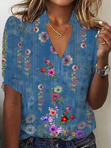 

Casual Floral V Neck Half Sleeve T-shirt, Blue, T-shirts