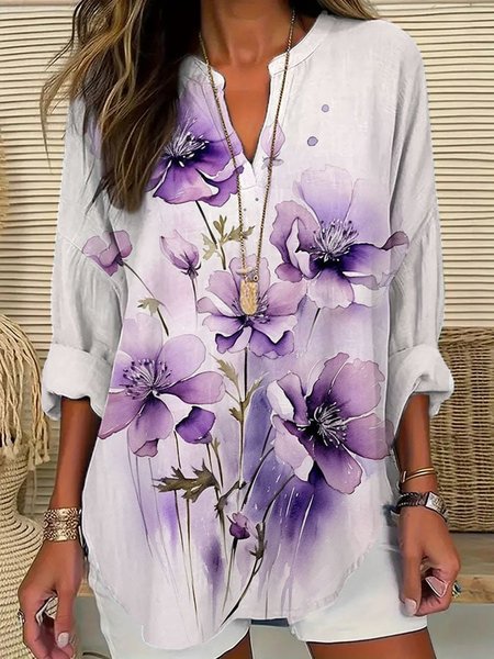 

Notched Long Sleeve Floral Regular Loose Shirt For Women, Purple, Dresses