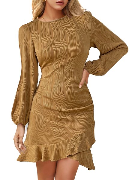 

Women's Long Sleeve Summer Coffee Plain Crew Neck Balloon Sleeve Daily Going Out Casual Knee Length Bodycon Ruffle Skirt Dress, Dresses