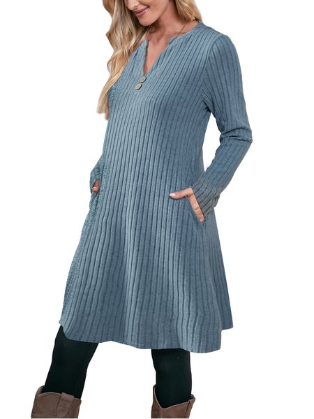 

Women's Long Sleeve Summer Blue Plain Notched Daily Going Out Casual Knee Length H-Line Dress, Dresses