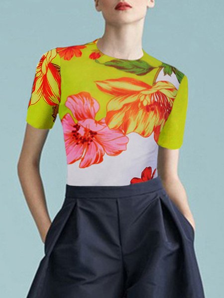 

Casual Regular Fit Floral Crew Neck T-Shirt, Green, Tees