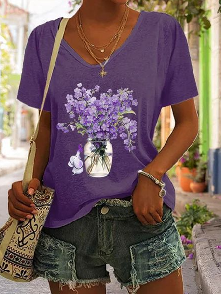 

Casual Floral V Neck Short Sleeve T-shirt, Purple, T-shirts
