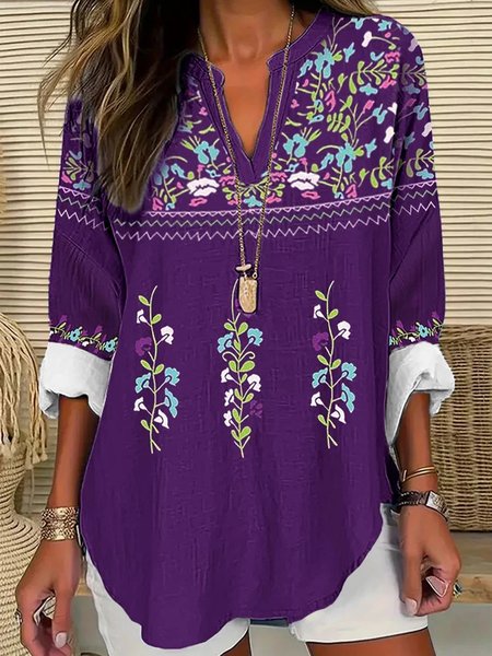 

V Neck Long Sleeve Ethnic Regular Loose Shirt For Women, Purple, Dresses