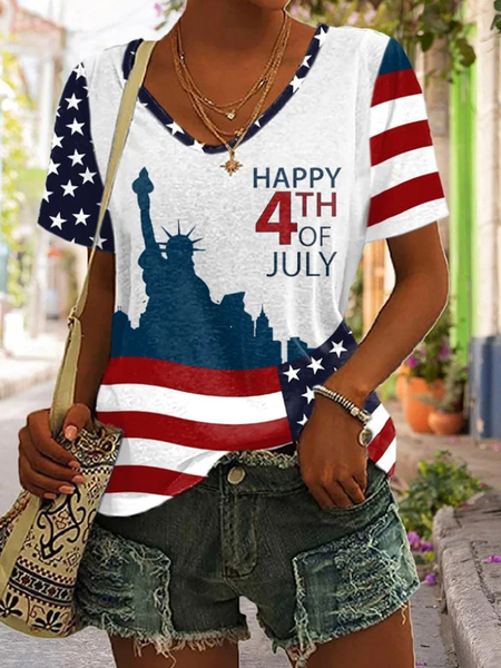 

Casual Independence Day (Flag) V Neck Short Sleeve T-shirt, White, T-shirts