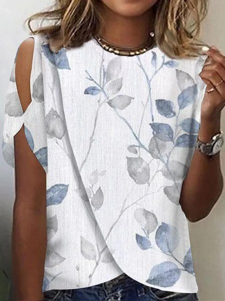 

Crew Neck Off Shoulder Sleeve Short Sleeve Leaf Regular Loose Shirt For Women, White, Blouses