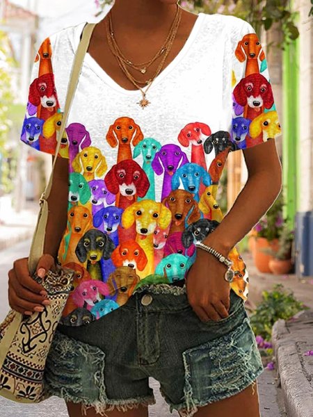 

Casual Dog V Neck Short Sleeve T-shirt, White, T-shirts