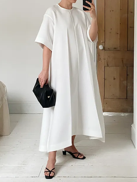 

Loose Simple Crew Neck Short Sleeve Maxi Dress, White, Maxi Dresses
