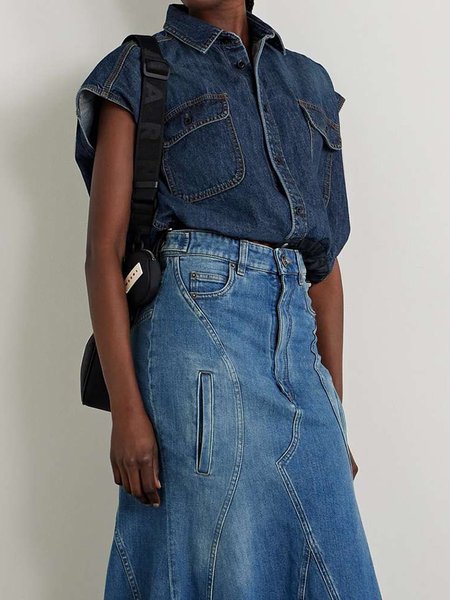 

Denim Regular Fit Casual Shirt Collar Blouse, Blue, Blouses and Shirts