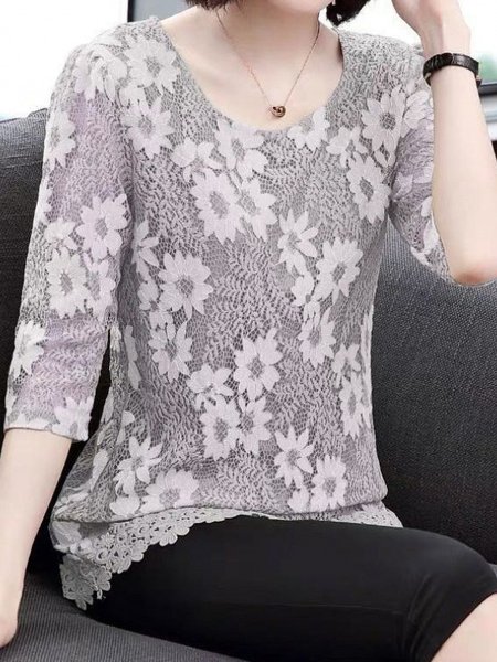 

Women's Half Sleeve Blouse Summer Green Plain Lace Crew Neck Daily Going Out Simple Elegant Top, Gray, Shirts & Blouses