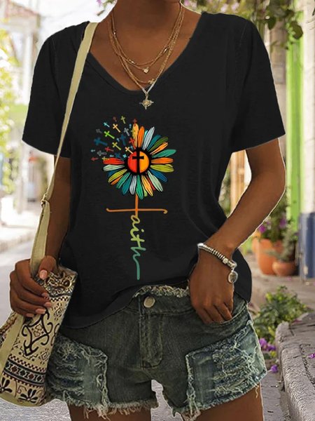 

Casual Sunflower V Neck Short Sleeve T-shirt, Black, T-shirts