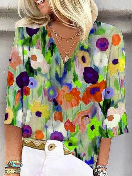 

Women's 3/4 Sleeve Blouse Summer Abstract Floral Colorful V Neck Daily Going Out Casual Top, Green, Shirts & Blouses