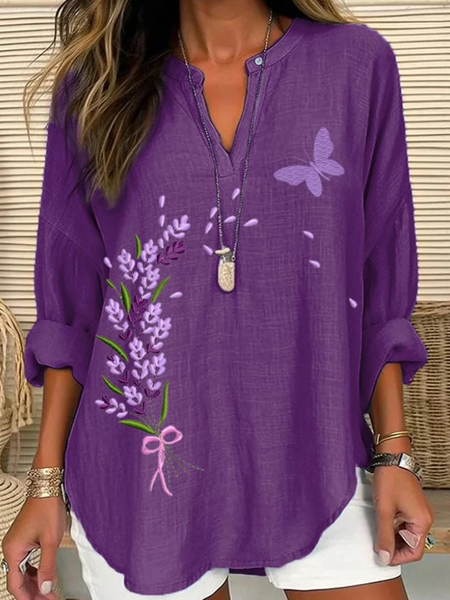 

V Neck Long Sleeve Floral Regular Loose Shirt For Women, Purple, Blouses