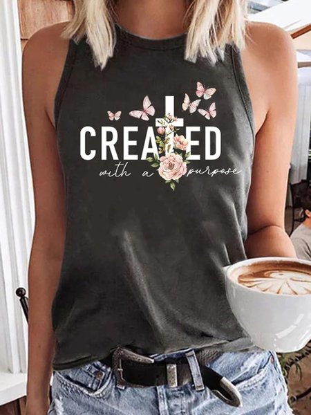 

Casual Crew Neck Floral Tank Top, Deep gray, Tanks & Camis