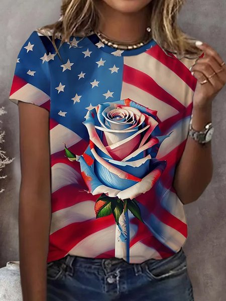 

Casual Floral Crew Neck Short Sleeve T-shirt, Multicolor, T-shirts