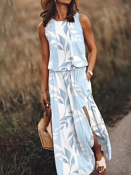 

Women Floral Crew Neck Sleeveless Comfy Casual Maxi Dress, Blue, Dresses