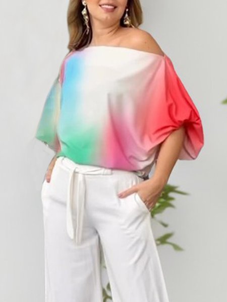 

Casual Random Print Loose Off The Shoulder Shirt, As picture, Blouses and Shirts