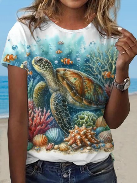 

Casual Sea Crew Neck Short Sleeve T-shirt, Blue, T-shirts
