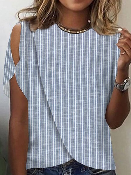

Crew Neck Off Shoulder Sleeve Short Sleeve Striped Regular Loose Shirt For Women, Blue, Blouses